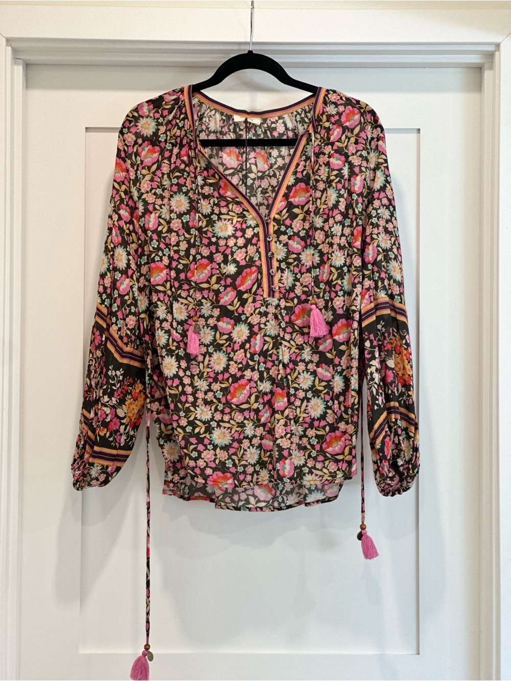 Spell Impala Tie Blouse - Night Blossom Floral Button-Front Peasant Blouse - S - Picture 4 of 6